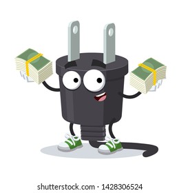 with a pile of money cartoon power plug type A character mascot on white background