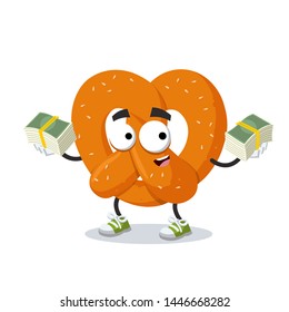 with a pile of money cartoon pretzel with sesame seeds character mascot on white background
