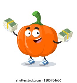 with a pile of money cartoon pumpkin character mascot on white background