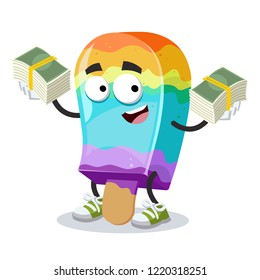 with a pile of money cartoon rainbow colors ice cream on a stick character mascot on white background