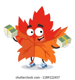 with a pile of money cartoon red autumn maple leaf character mascot on white background