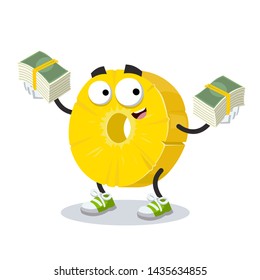 with a pile of money cartoon ring of canned pineapple character mascot on white background