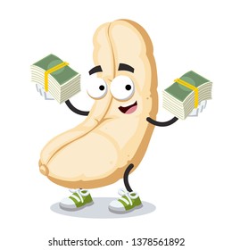 with a pile of money cartoon roasted cashew nut kernel character mascot on white background