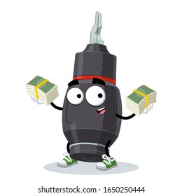 with a pile of money cartoon rotary tattoo machine pen character mascot on white background