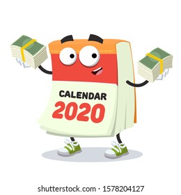 with a pile of money cartoon tear-off calendar for 2020 year character mascot on white background