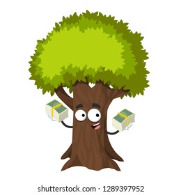 with a pile of money cartoon tree with green foliage character mascot on white background