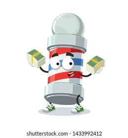 with a pile of money cartoon vintage barber shop pole character mascot on white background