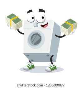 with a pile of money cartoon washing machine character mascot on white background