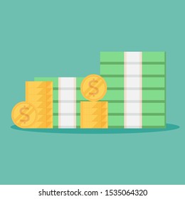 pile of money cash and coins for investment concept flat vector illustration