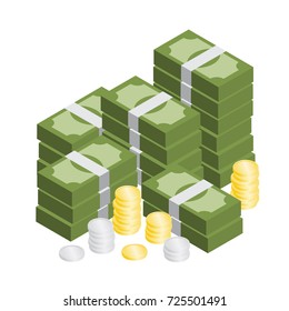 Pile Of Money And Coin Isometric Vector