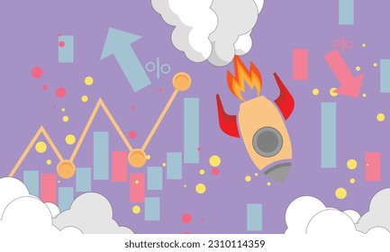 pile of money coins and graph with flying space rocket plummeting. Business failure concept,money representation for finance, caution investment. trading graph icon.