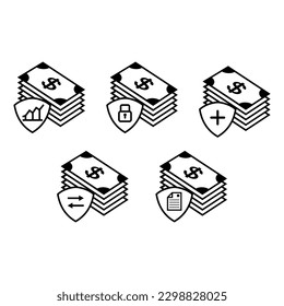 Pile of money collection icon, with shield and logo vector design symbol illustration.