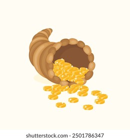 pile of money in cornucopia symbol of prosperity, vector illustration