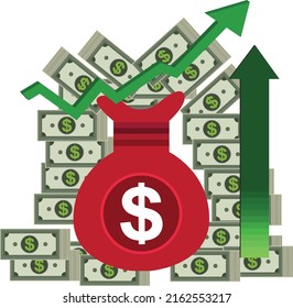 Pile of money dollar notes  and dollar bag and money increase value arrow. on white background. stock market and business icon
