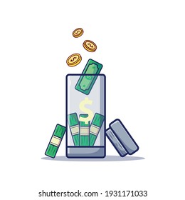 Pile Of Money And Dollars Coin In Box Cartoon Icon Illustration Flat Style On White Background For Web, Landing Page, Ads, Advertisement, Sticker, Banner, Flier, Design
