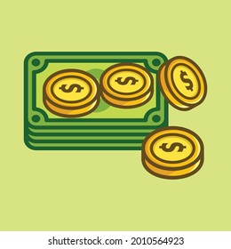 Pile of money and few coin dollar cartoon symbol illustration black line art design vector