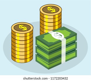pile money and gold coin stack, finance concept, vector illustration