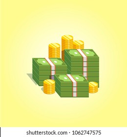 Pile of money. Green banknotes with gold coins. Savings, economy, banking symbol. Heap of cash. Vector illustration.