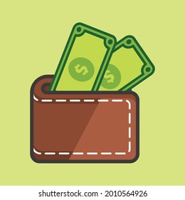 Pile of money inside the wallet dollar cartoon symbol illustration black line art design vector