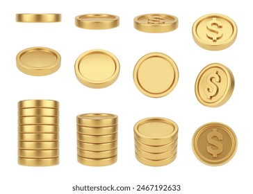 Pile of money, isolated falling dollar golden coins. Vector finance and economy, deposit on bank account or earnings. Wealth and growth of capital, winning in casino or getting jackpot win