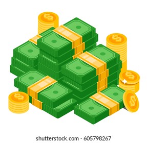 Pile of money. Isometric dollars bundles, isolated. Dollars and coins. Vector isometric money icon on a white background. Money icon in isometric style. Money illustration of wealth and condition.