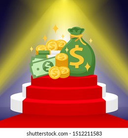 pile of money and light shine for success concept, money stacks money bag on prize podium, banknote money and sack icon, wealth for symbol infographics, flat illustration style