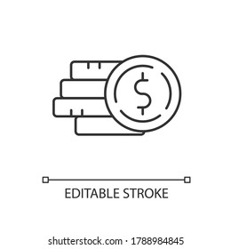 Pile of money linear icon. Stack of gold coins. Monetary gain. Financial operation. Thin line customizable illustration. Contour symbol. Vector isolated outline drawing. Editable stroke