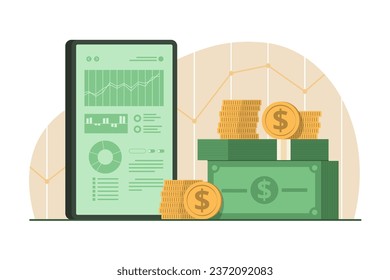 Pile of Money and Mobile Phone with Trading Graph for Online Investment Concept Illustration