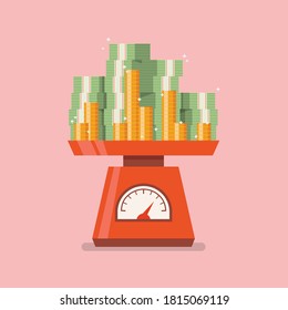 Pile of money on domestic weigh scales. Vector illustration