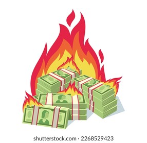 Pila de dinero en la ilustración del vector de fuego. Billetes de dibujos animados quemándose aislados de fondo blanco. Aumento de la inflación, recesión en Europa. Economía, finanzas, concepto de crisis