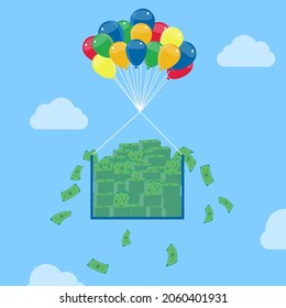 Pile of money rising to the skies with balloons. Conceptual.