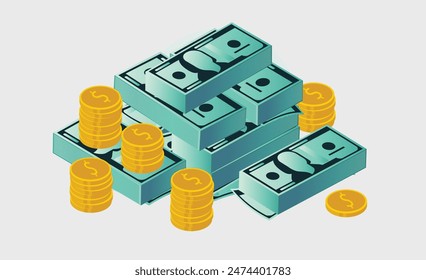 Haufen Geld - Stapel von abstrakten Währungs-Dollarnoten und -Münzen in isometrischer Perspektive Vektorillustration mit hellgrauem Hintergrund 