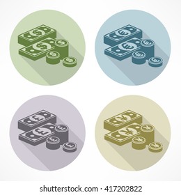 Pile of money stack banknotes and coins vector illustration.