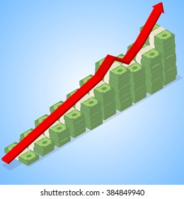 Pile of money stacks rising graph with upward arrow. Isometric vector illustration