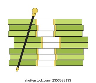 Pile of money and walking cane flat line color isolated vector object. Editable clip art image on white background. Simple outline cartoon spot illustration for web design