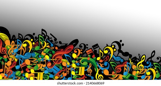 Pile of Multicolored 3D Fallen Musical Notes - Colorful Concept Background, Template, Creative Design for Placards, Posters, Web Sites -  Editable Vector with Copyspace for Your Text