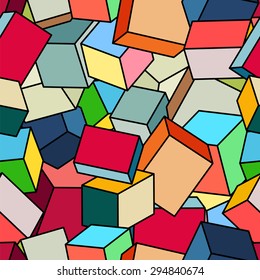 Pile Of Multi-colored Cubes. Abstract Seamless Geometrical Pattern. Spatial Rectangles Of Different Shapes And Sizes Stacked In A Random Order. Modern Vector Background.