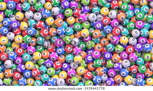 Pile of multicolored lottery\
balls. Lot of bingo balls with numbers. Realistic vector\
background