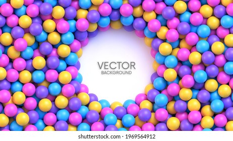 Pile of multicolored toy balls with round palce for your content. Dry children's pool. Realistic vector background