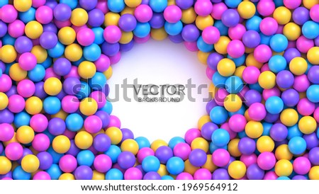 Pile of multicolored toy balls with round palce for your content. Dry children's pool. Realistic vector background