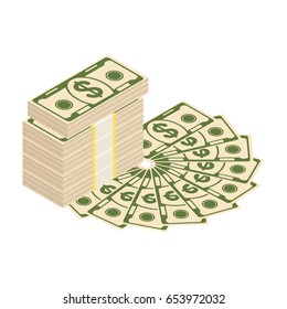 Pile of new paper American dollars. Packing in bundles of bank notes, coins and fun of money. Flat vector cartoon money illustration. Objects isolated on a white background.