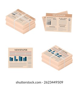 Pile of newspapers isolated on white background. Stack of newspapers. Set, collection. Vector illustration