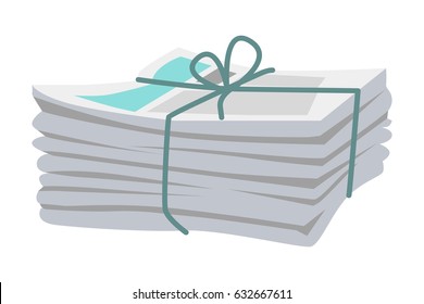 Pile of newspapers with media information isolated bound with string on white. Vector illustration of paper tabloid journals gathered in heap and bound with blue type and bow in flat design.