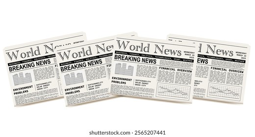 Pile of newspapers on white background. Stack of newspapers. Paper waste