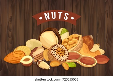 Pile of nuts for shop sign or market banner, store sign or vegetarian restaurant badge. Healthy nutrition and vegan eating advertising, agriculture and farming, harvest and cuisine theme