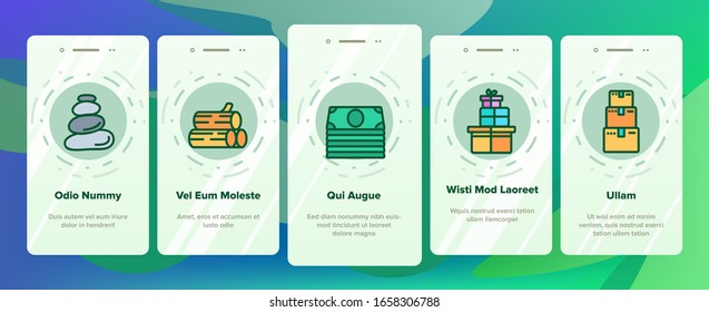 Pile Objects Things Onboarding Icons Set Vector. Pile Of Money Banknotes And Coins, Wood And Cases, Boxes And Banana, Cups And Plates Illustrations