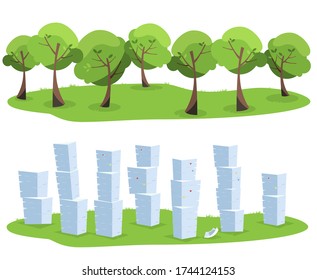 Pila de documentos de oficina como desperdicio de árboles aislados en fondo blanco. Árboles contra pilas de papel. Ilustración vectorial plana
