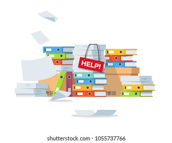 Pile of office papers and documents with help sign. Stress at work. Overworked. File folders. Carton boxes. Bureaucracy, paperwork. Vector illustration in flat style.