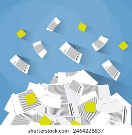 pile of office papers on floor. Stress at work, busy time. Vector illustration in flat design on blue background