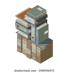 Pile of office paperwork and ring binders, isometric objects on white background